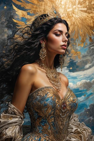 طرح پوستر دیواری فرشته‌وار بانو با تاج پادشاهی و لباس کارشده لوکس در میان بال‌های طلایی برای اتاق خواب مستر و هتل‌ها
