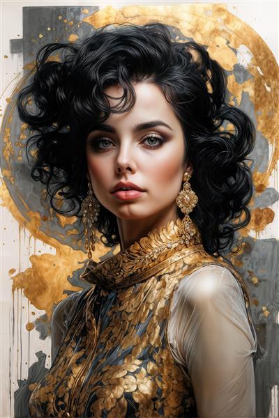 تصویر گرافیکی پرتره زن با موهای فر و جواهرات اشرافی طلایی مناسب برای چاپ روی بوم، کوسن و پرده‌های تزیینی آرایشگاه زنانه