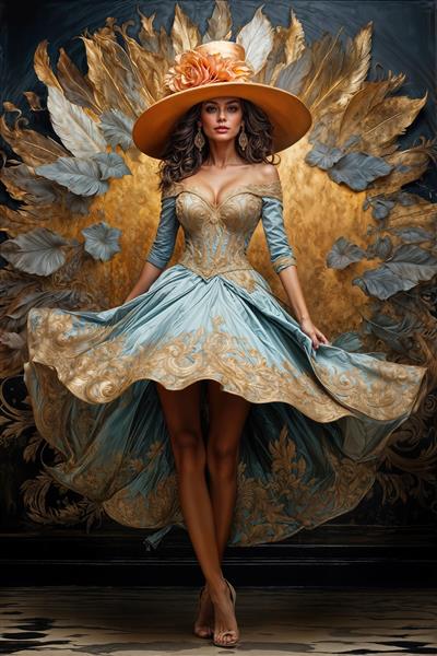 تابلو دکوراتیور و پوستر دیواری فانتزی بانو با کلاه لبه‌دار بزرگ و لباس آبی فیروزه‌ای و طلایی ایده‌آل برای سالن‌های مد و دیوارهای بزرگ هال