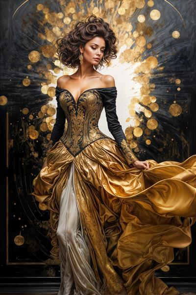 پوستر سه بعدی مدرن چهره زن با لباس مجلسی مشکی و طلایی و پس‌زمینه بوکه ذرات درخشان برای دکوراسیون مزون و پشت میز مدیریت