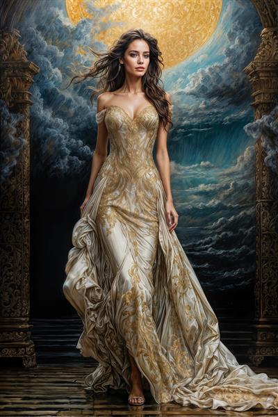 طرح عمودی نقاشی زن با لباس بلند کلاسیک در قاب ستون‌های رومی ویژه پوستر دیواری اتاق خواب و لابی هتل‌های کلاسیک