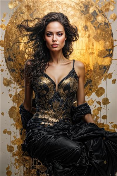 طرح پرتره زن با لباس مشکی و طلایی و دایره خورشیدی پشت سر برای پوستر دیواری آرایشگاه زنانه لوکس