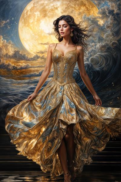 پوستر دیواری طرح ماه کامل و زن با لباس طلایی در میان امواج شبانه برای دکوراسیون اتاق خواب و ویلا