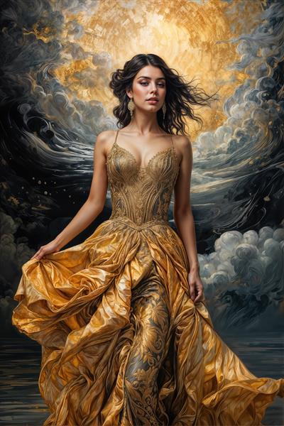 تصویر زن در میان ابرهای درخشان و تم طلایی فانتزی ویژه چاپ پوستر دیواری عمودی و تابلو دکوراتیو لوکس