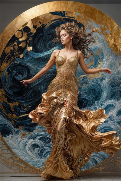 پوستر دیواری طرح قاب دایره‌ای و زن در میان امواج فانتزی آبی و طلایی برای اتاق خواب و پشت تخت خواب