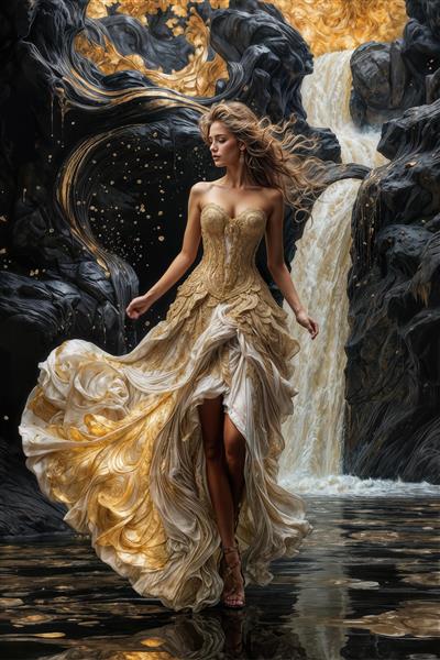 تصویر رویایی زن در کنار آبشار تیره و صخره‌های سیاه مناسب برای پوستر دیواری مدرن و دکوراسیون اداری شیک