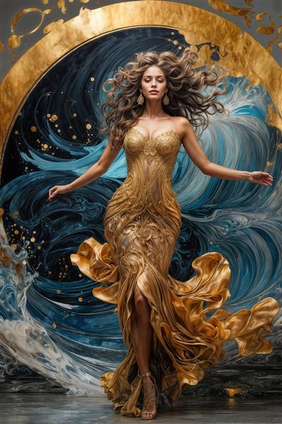 طرح لوکس زن با لباس طلایی و دایره درخشان پشت سر برای پوستر دیواری سه بعدی تالار و سالن پذیرایی