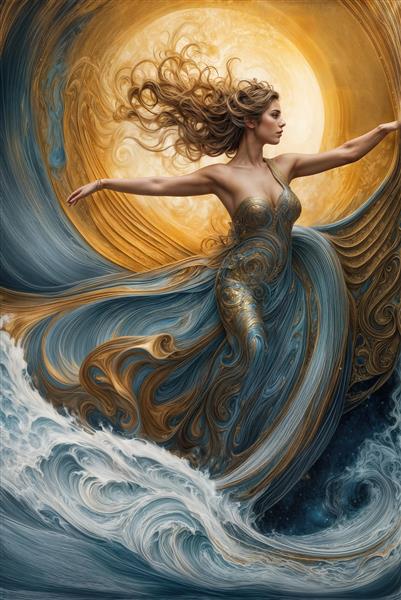 پوستر دیواری طرح زن در میان امواج خروشان دریا با تم طلایی و سرمه‌ای ویژه دکوراسیون ویلا و اتاق مستر