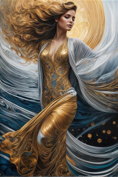 تصویر هنری زن با موهای افشان و لباس طلایی انتزاعی مناسب برای پوستر دیواری عمودی لابی و اتاق نشیمن