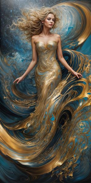 طرح کشیده و عمودی زن در لباس دنباله‌دار طلایی و امواج آبی سلطنتی برای چاپ روی روتختی، پرده و پوستر دیواری راهرو