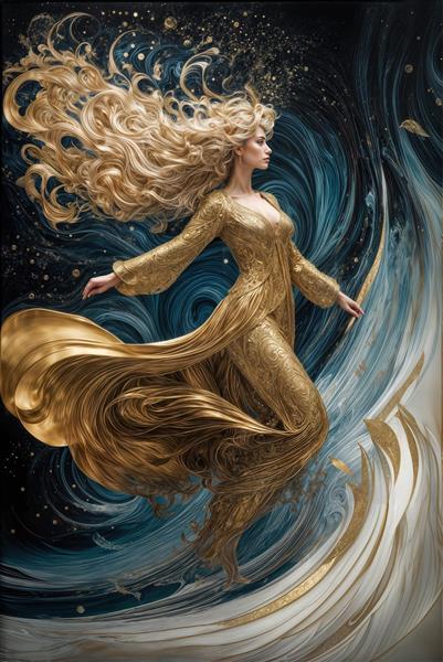 پوستر دیواری متحرک و رویایی زن در میان باد و امواج طلایی مناسب برای اتاق خواب، مزون‌های لباس و گالری‌های هنری