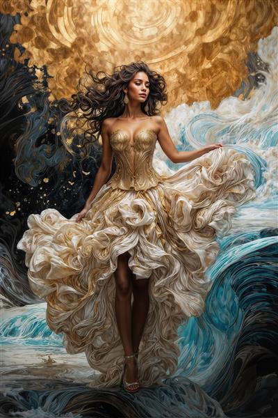 طرح مفهومی زن و امواج آب با تم رنگی طلایی و تیره برای پوستر دیواری لوکس پشت تلویزیون و دکوراسیون اداری مدرن