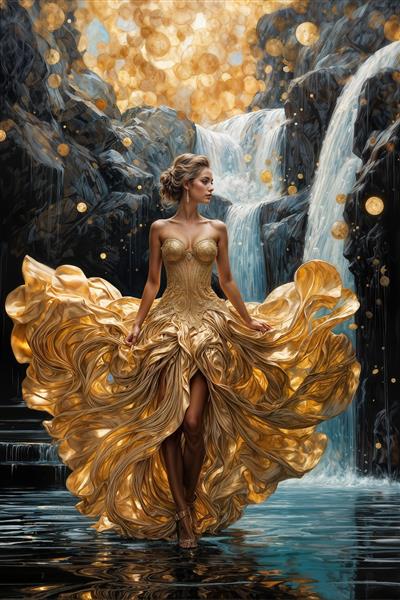 طرح عمودی زن در لباس طلایی خیره‌کننده و منظره آبشار فانتزی ویژه چاپ روی پرده تصویری و پوستر دیواری اتاق عروس