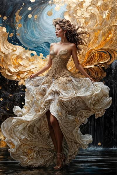 پوستر دیواری لاکچری زن با لباس بالدار طلایی و پس‌زمینه انتزاعی شیک جهت نصب در اتاق خواب و پشت میز مدیریت