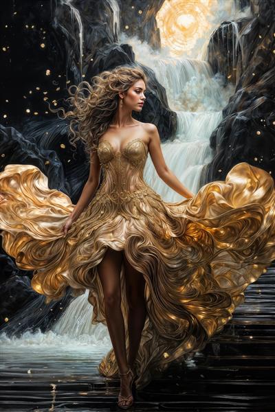 طرح هنری ملکه طلایی در طبیعت رویایی و آبشار کریستالی مناسب برای تابلو دکوراتیو و پوستر دیواری عمودی سالن نشیمن