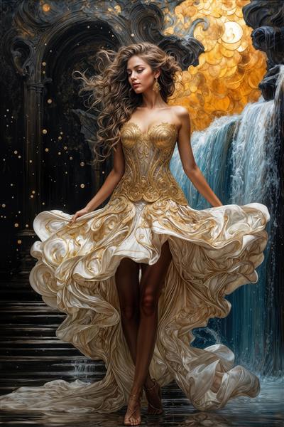 پوستر دیواری طرح زن با لباس مجلل طلایی در کنار آبشار درخشان برای دکوراسیون سالن‌های زیبایی و آرایشگاه‌های زنانه
