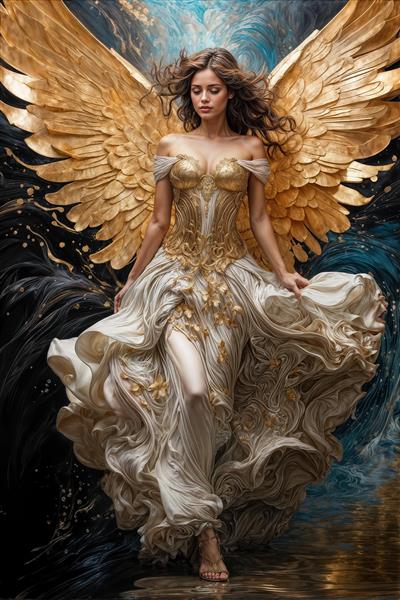 تصویر فرشته با بال‌های طلایی بزرگ و لباس پرچین سفید ویژه چاپ پوستر دیواری سه بعدی در تالار پذیرایی و لابی هتل