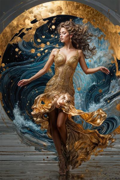 طرح زن در میان امواج سرمه‌ای و طلایی انتزاعی لوکس مناسب برای پوستر دیواری پذیرایی و پشت تخت خواب اتاق خواب مستر