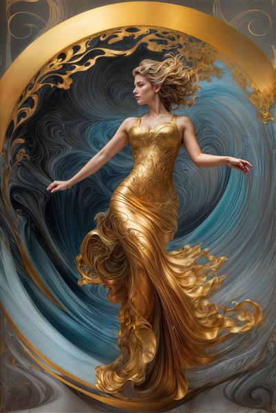 طرح قاب طلایی و بانوی پارسی با لباس اسلیمی در میان گرداب آبی برای پوستر دیواری اتاق پذیرایی و دکورهای نئوکلاسیک