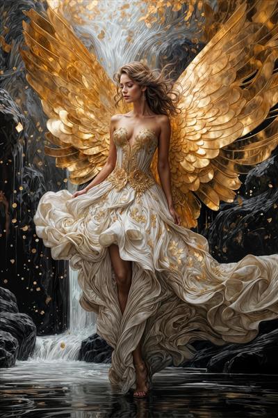 پوستر دیواری سه بعدی فرشته با بال‌های طلایی بزرگ در کنار آبشار ویژه لابی مجتمع‌های مسکونی و ویلاهای شخصی