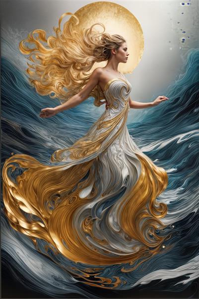 طرح لوکس خورشید و بانوی درخشان در میان امواج سرمه‌ای برای پوستر دیواری پشت تختخواب و دکوراسیون تالار