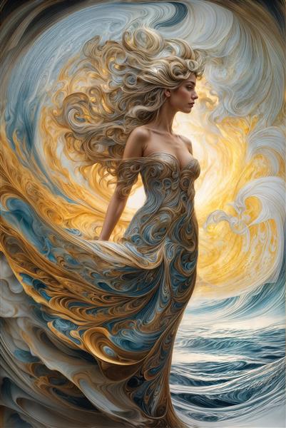تصویر رویایی از تلفیق موج و موهای طلایی بانوی دریا برای پوستر دیواری عمودی، روتختی و پرده‌های دکوراتیو