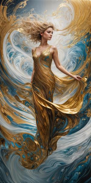 نقاشی دیجیتال بانوی طلایی در میان گرداب‌های آبی و نقره‌ای مناسب چاپ روی بوم، تابلو دکوراتیو و پوستر دیواری اتاق مستر