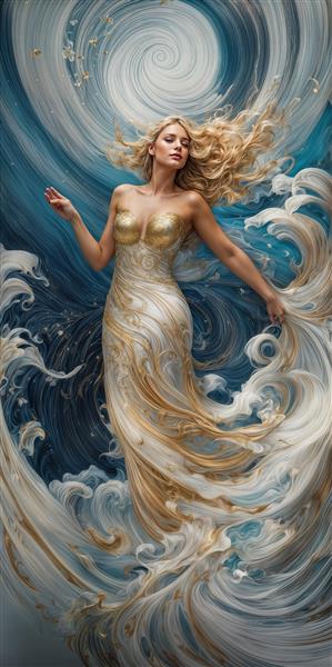 پوستر دیواری طرح انتزاعی دریا و پری دریایی طلایی با نقوش حلزونی شکل ویژه دکوراسیون پشت تلویزیون و اتاق نشیمن