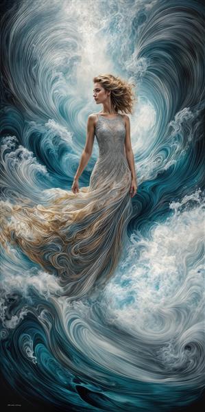 طرح امواج خروشان و بانوی اثیری با لباس نقره‌ای درخشان برای پوستر دیواری عریض، اتاق خواب مدرن و سالن‌های ورزشی یوگا