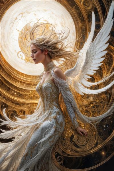 فیگور فرشته سفید با بال‌های گشوده در مقابل هاله نور خورشید مناسب پوستر دیواری سه بعدی پذیرایی و لابی هتل‌های مجلل