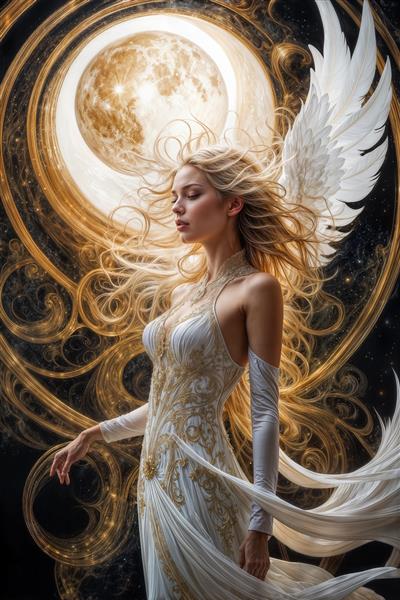 پوستر دیواری با طرح فرشته متفکر در کنار هاله ماه و نقوش طلایی انتزاعی ویژه اتاق خواب، کلینیک‌های زیبایی و سالن‌های اسپا