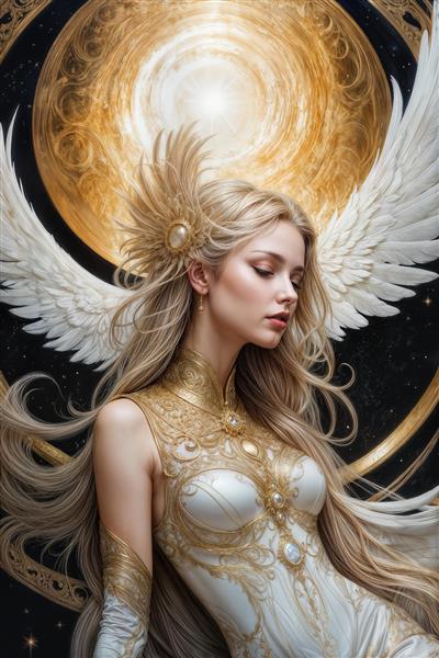 پوستر سه بعدی چهره فرشته با تاج طلایی و بال‌های پر دار مناسب برای تابلو دکوراتیو، چاپ روی بوم و دکوراسیون اتاق خواب لیدی