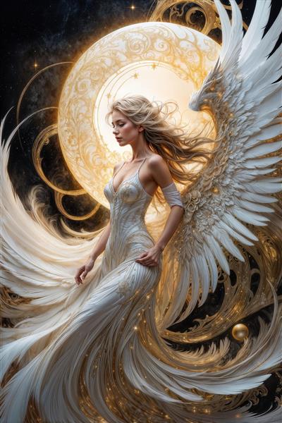 پوستر دیواری لاکچری طرح فرشته و ماه تابان با جزئیات اسلیمی طلایی برای پشت میز پذیرش هتل، سالن‌های آرایشی و مزون‌های عروس