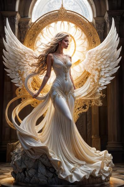 تصویر رویایی فرشته سپیدپوش ایستاده بر صخره با بال‌های گشوده برای پوستر دیواری قدی، پرده چاپی و روتختی اتاق خواب بزرگسال