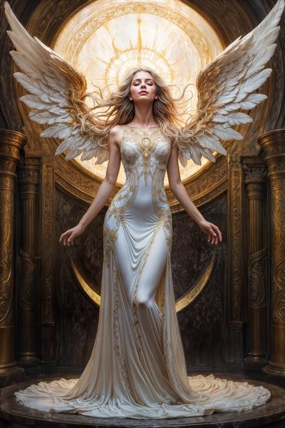 پوستر دیواری سه بعدی فرشته بالدار در معبد باستانی با ستون‌های کلاسیک ویژه دکوراسیون تالار پذیرایی، لابی هتل و اتاق مدیریت