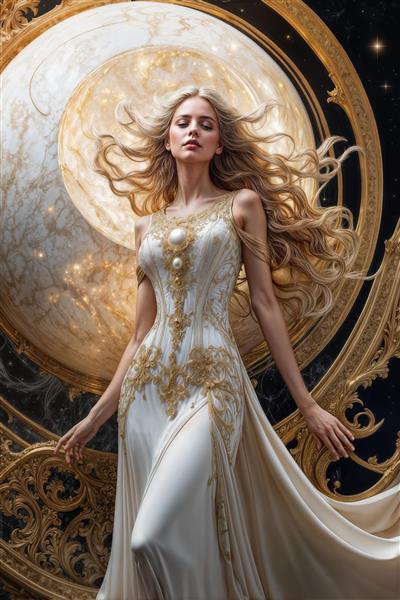 طرح لوکس فرشته با موهای بلند طلایی در لباس سفید و نقوش اسلیمی طلایی مناسب برای پوستر دیواری پذیرایی و تابلو دکوراتیو اتاق خواب