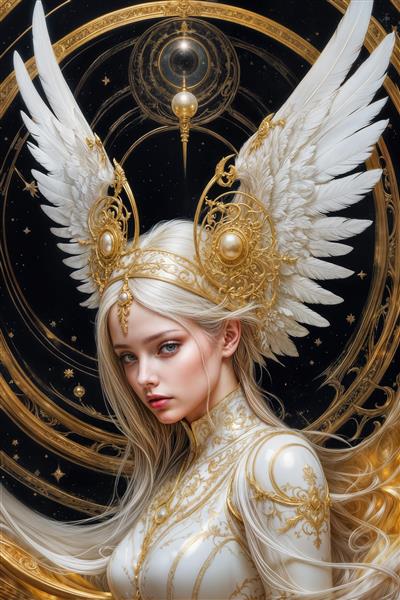 تصویر پرتره نزدیک از فرشته با تاج جواهر و پر مروارید، ایده‌آل برای تابلوهای دکوراتیو آرایشگاه‌های زنانه، پوشش دیوار پشت میز منشی و چاپ روی بگ‌های خرید