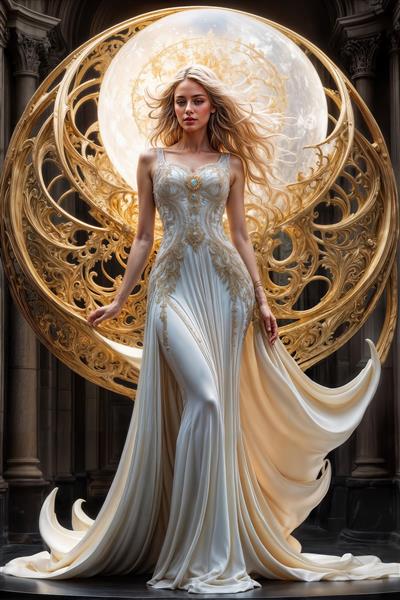 پوستر دیواری هنری الهه در میان دروازه ماه با تزیینات اسلیمی طلایی، انتخابی خیره‌کننده برای سالن‌های زیبایی، مزون‌ها و دکوراسیون پشت تلویزیون