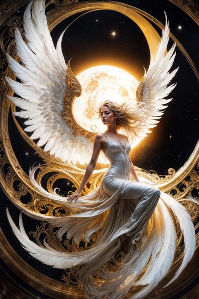 تصویر گرافیکی زن در حال عروج به سوی ماه با بال‌های درخشان، مخصوص پوستر دیواری اتاق خواب مستر، سالن‌های یوگا و تابلوهای دکوراتیو سه بعدی