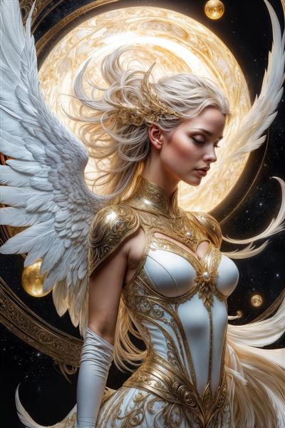 تصویر باکیفیت الهه جنگجو با زره طلایی و بال‌های بزرگ، ویژه چاپ پوستر دیواری سالن‌های ورزشی مدرن، اتاق گیمینگ و تابلوهای دکوراتیو پشت میز مدیریت