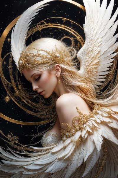 پوستر دیواری چهره فرشته با تاج جواهرنشان و بال‌های سپید، انتخابی خاص برای دکوراسیون دیوارهای باریک و راهروهای لوکس و تولید کالای خواب نوزاد