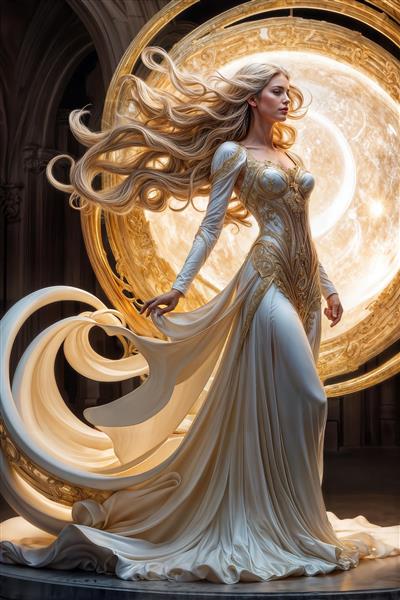 پوستر دیواری متحرک‌گونه از زن با گیسوان مواج و دایره نور، ایده‌آل برای دکوراسیون کافه‌های هنری، سالن‌های مطالعه و چاپ روی کوسن و پرده‌های شید