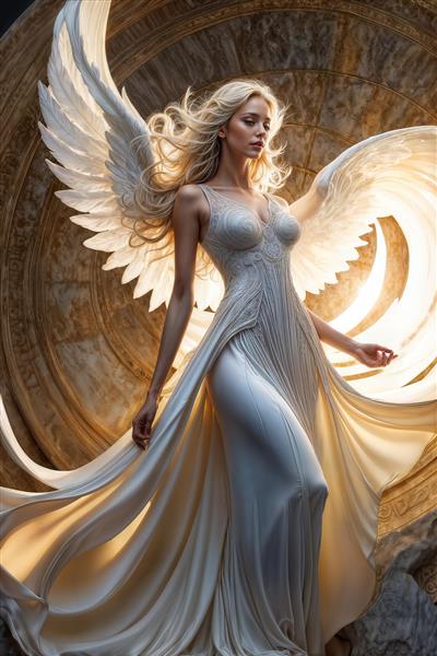 طرح دیوارپوش فانتزی فرشته سپید روی پس‌زمینه سنگی و کلاسیک، مناسب برای دیوار پشت تخت در اتاق خواب، سالن‌های اسپا و چاپ روی ماگ و بشقاب تزئینی