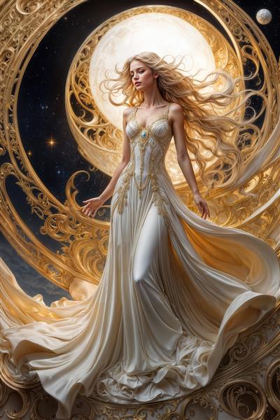 پوستر دیواری سه بعدی لوکس طرح فرشته در میان دایره‌های طلایی کیهانی، انتخابی عالی برای لابی مجتمع‌های مسکونی، سالن پذیرایی و تابلو فرش‌های مدرن