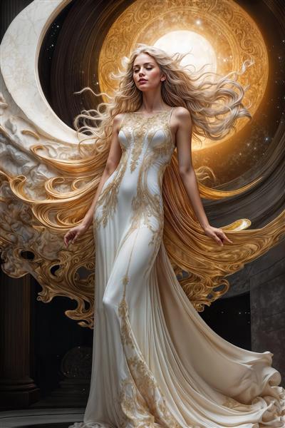 تصویر گرافیکی زن در میان هلال ماه و امواج طلایی برای پوستر دیواری اتاق خواب دخترانه، روتختی‌های چاپی و کاورهای تزئینی نوت بوک و لوازم التحریر