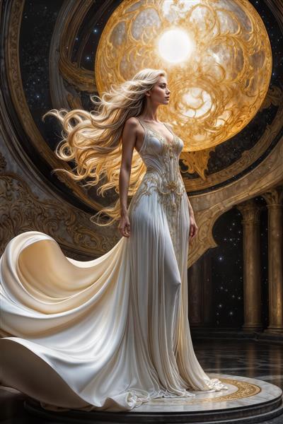 طرح عمودی زن اشرافی با لباس سفید بلند در قصر رویایی برای چاپ پوستر دیواری پشت تلویزیون، کاغذ دیواری سه بعدی پذیرایی و پرده‌های تصویری تالار