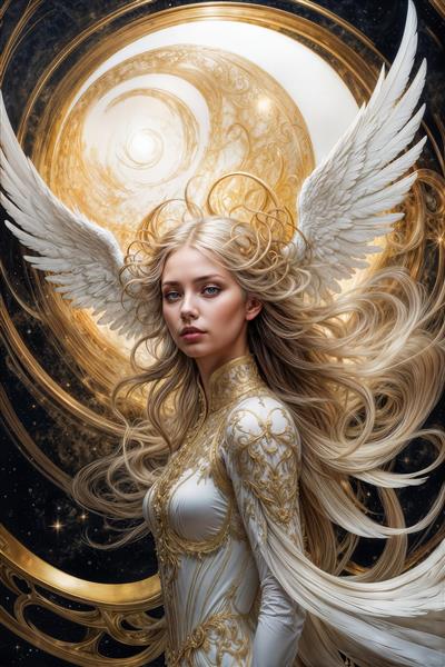 پوستر دیواری فرشته با بال‌های سفید و موهای بلند طلایی در پس‌زمینه ماه، انتخابی لوکس برای اتاق خواب و تالارهای پذیرایی مجلل و چاپ روی بوم آتلیه