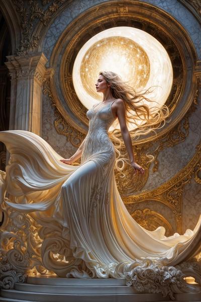 زن اشرافی با لباس درخشان در حال حرکت در عمارت باشکوه طرحی لوکس برای پوستر دیواری پشت میز مدیریت