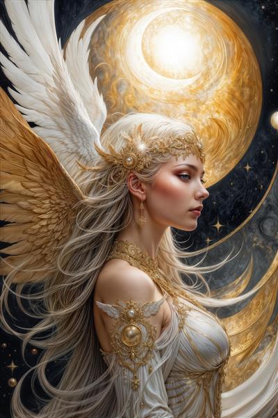 جزئیات هنری فرشته با لباس کار شده و موهای افشان کنار ماه برای پوستر دیواری مزون و گالری هنری