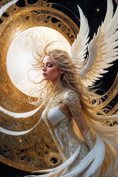 تصویر فانتزی فرشته مو بلند با بال‌های سپید در باد مناسب برای پوستر دیواری اتاق خواب مستر و ویلا